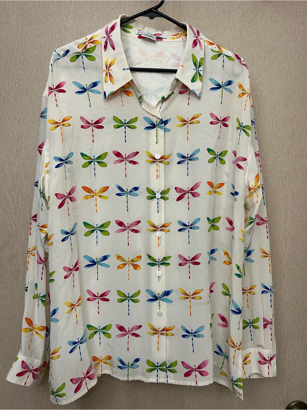 Maggy London - Rainbow Dragonfly Silk Button Down Blouse - Size XL